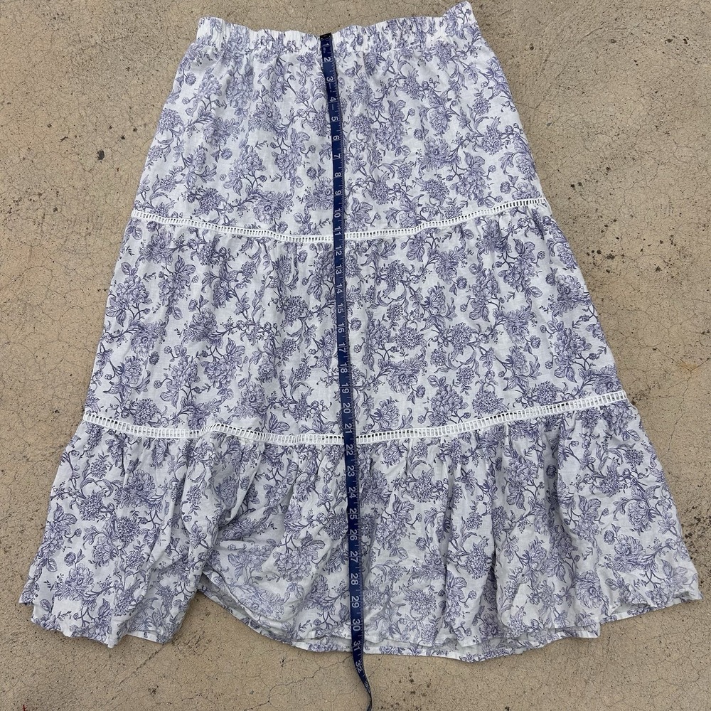 Womens Tiered Cottage Linen Maxi Skirt XL Blue Floral Prairie Garden Boho - Picture 7 of 7